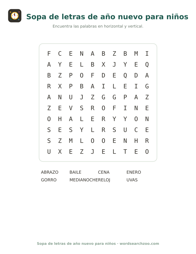 Sopa de letras de año nuevo para niños, tablero de 10x10 con ocho palabras