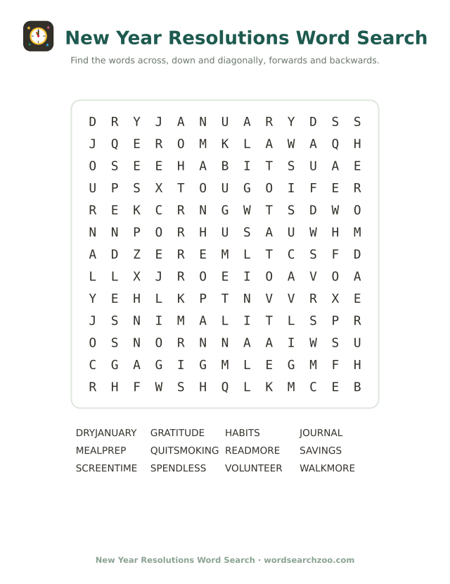 New Year resolutions word search to print, a 13x13 grid with dry January, meal prep and screen time