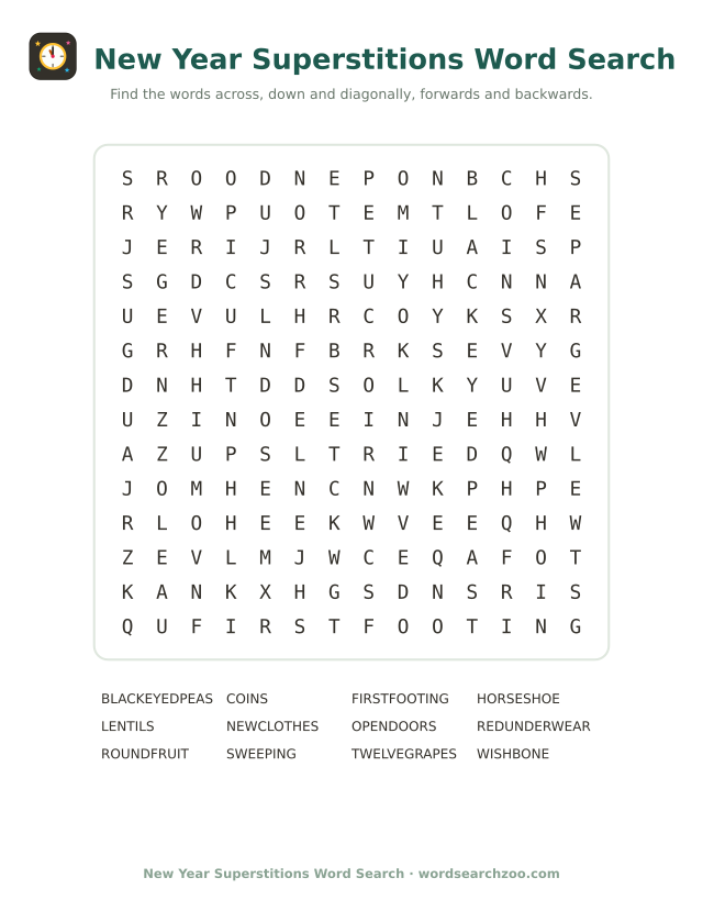 New Year superstitions word search to print, a 14x14 grid with first footing, lentils and round fruit