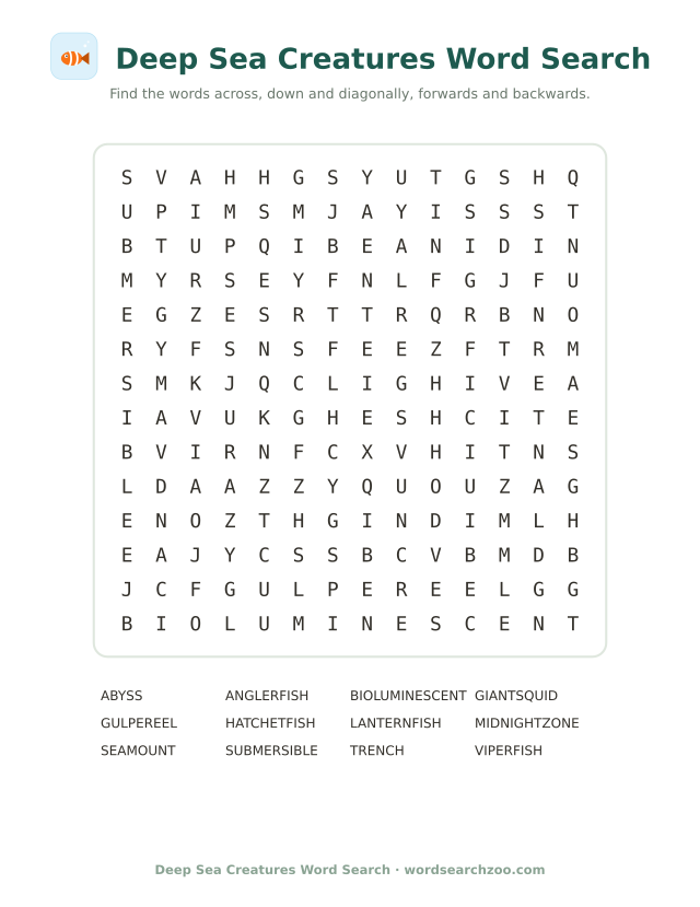 Deep sea creatures word search to print, a 14x14 grid with anglerfish, viperfish and trench