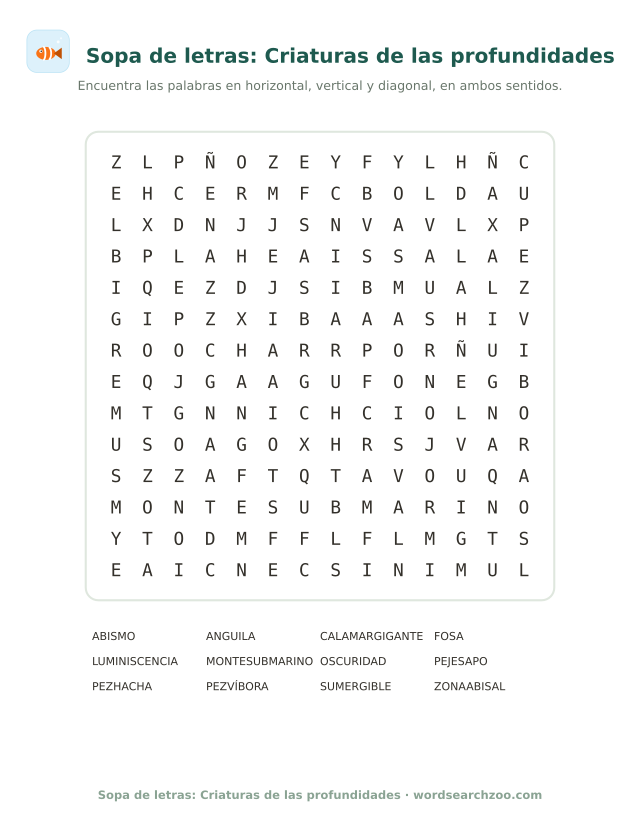 Sopa de letras de criaturas de las profundidades, tablero de 14x14 con pejesapo y abismo