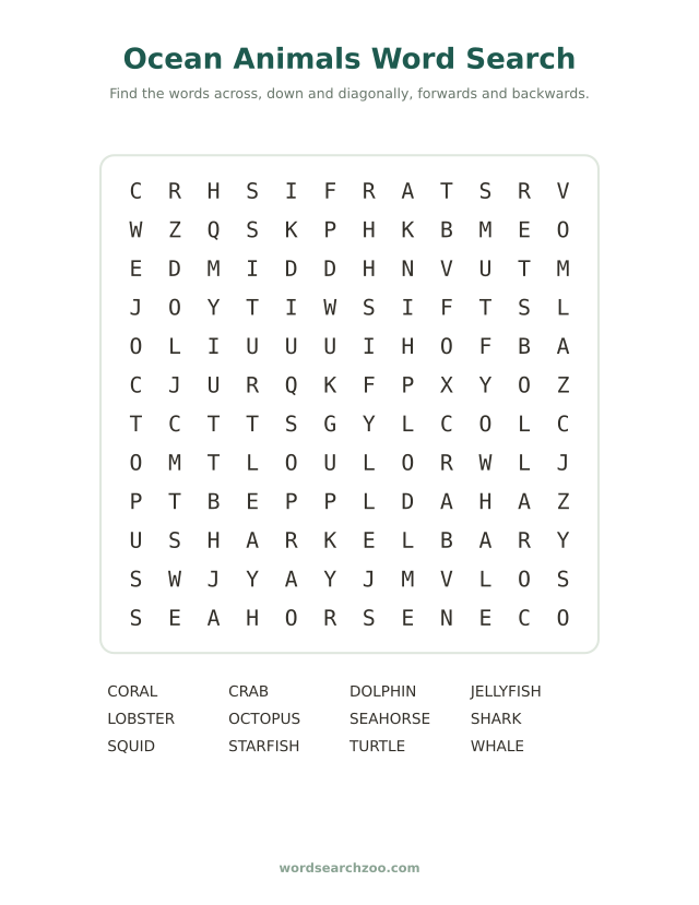 Ocean animals word search