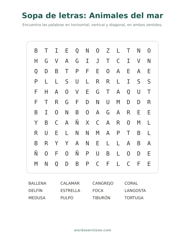 Sopa de letras de animales del mar