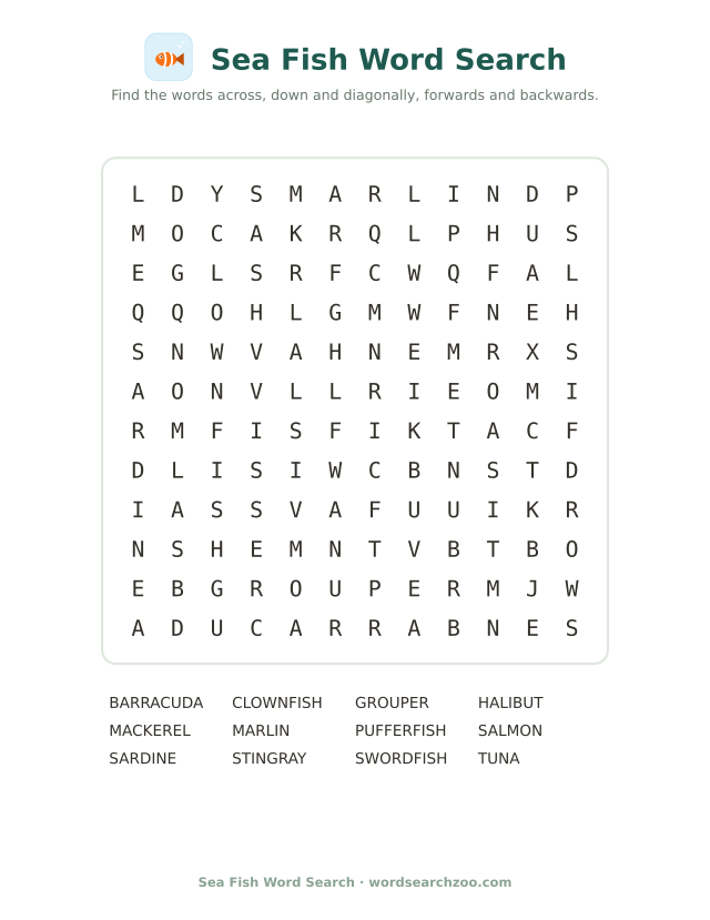 Sea fish word search to print, a 12x12 grid with barracuda, pufferfish and stingray
