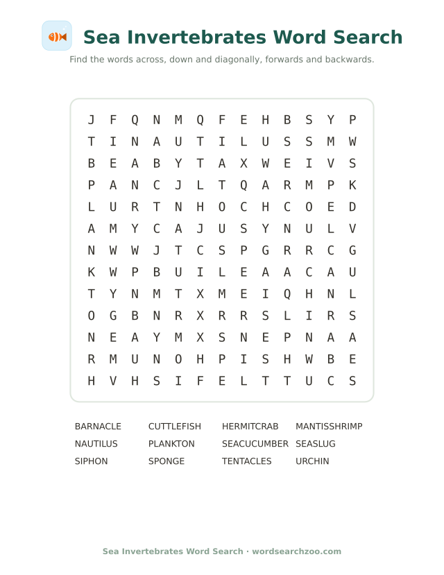 Sea invertebrates word search to print, a 13x13 grid with nautilus, cuttlefish and barnacle