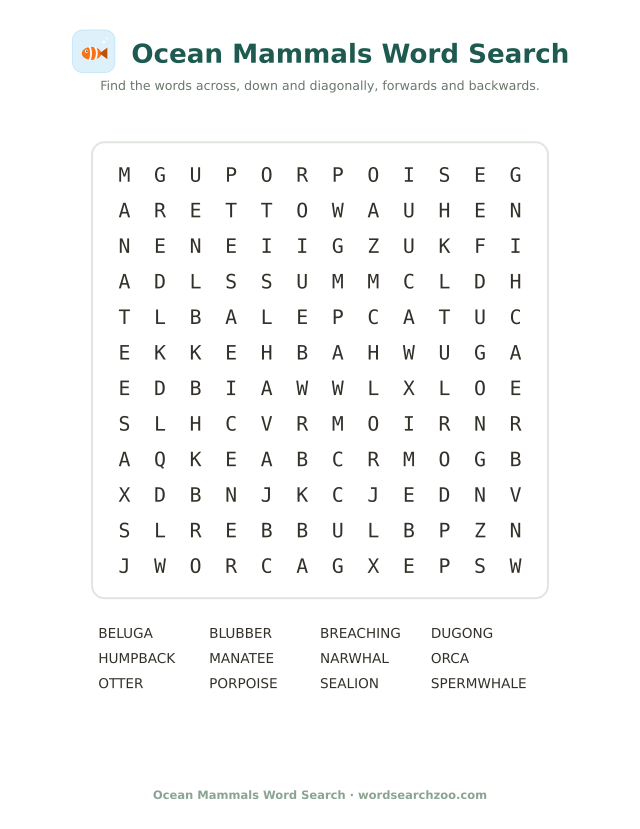 Ocean mammals word search to print, a 12x12 grid with narwhal, manatee, dugong and beluga