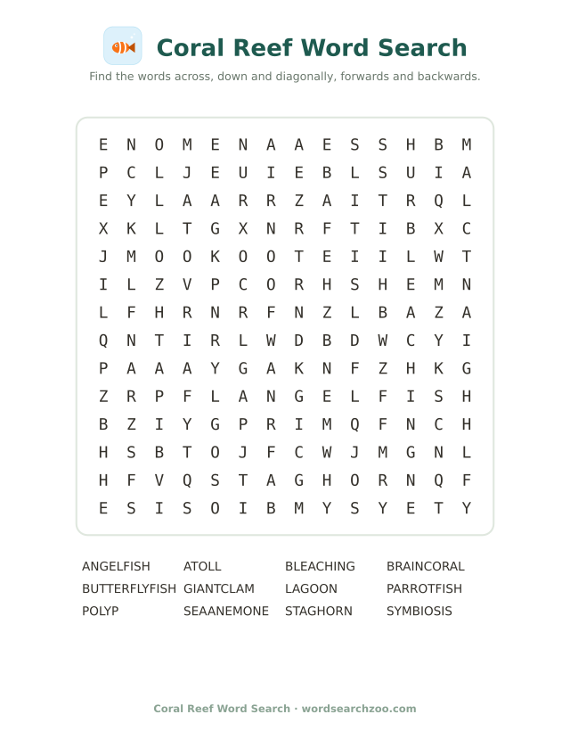 Coral reef word search to print, a 14x14 grid with parrotfish, staghorn and symbiosis