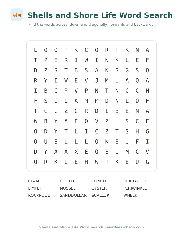 Shells and shore life word search to print, a 12x12 grid with conch, scallop, whelk and limpet