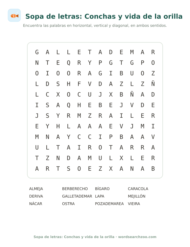 Sopa de letras de conchas y vida de la orilla, tablero de 12x12 con caracola y berberecho