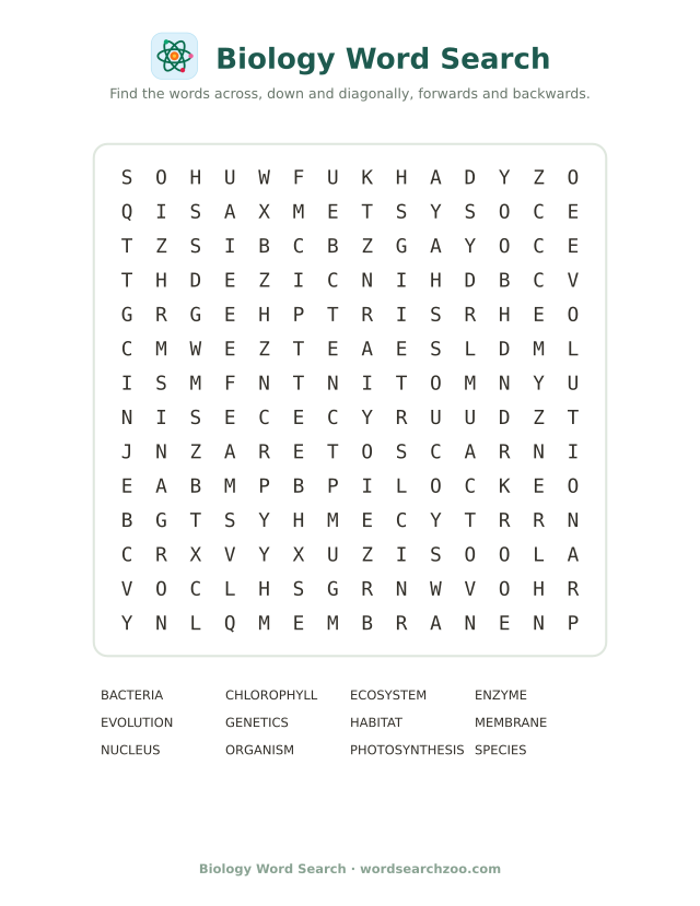 Biology word search to print, a 14x14 grid with photosynthesis, chlorophyll and ecosystem