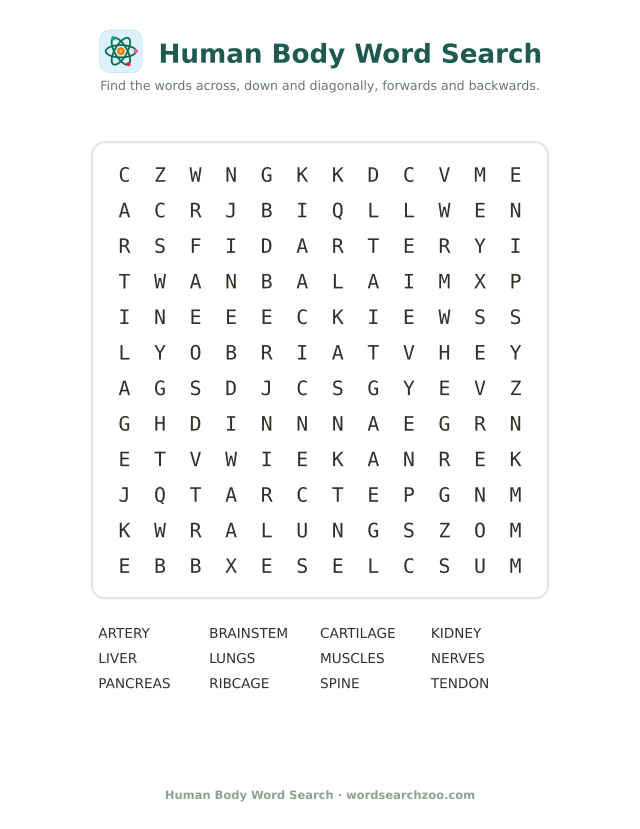 Human body word search to print, a 12x12 grid with pancreas, cartilage and brainstem