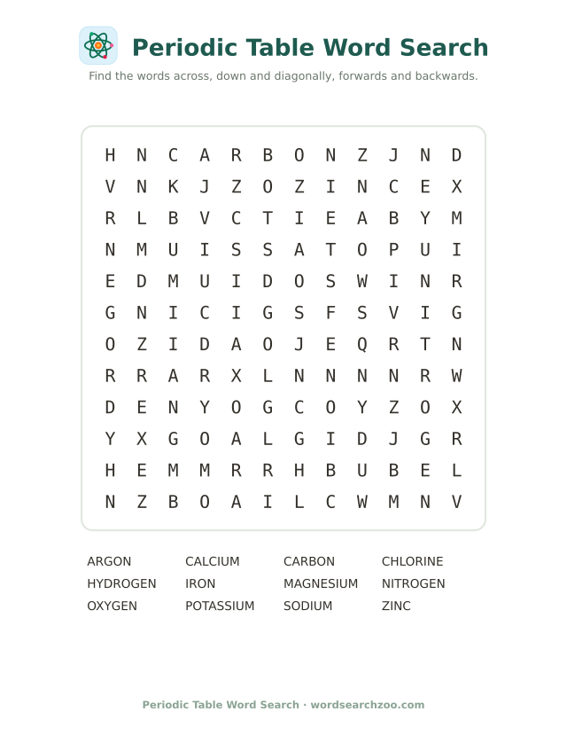 Periodic table word search to print, a 12x12 grid with hydrogen, potassium and magnesium