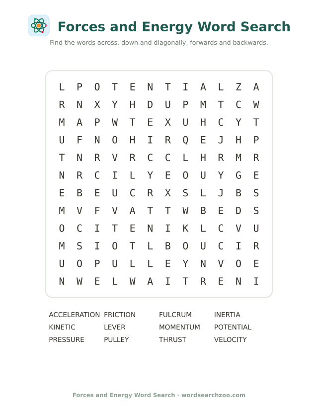 Forces and energy word search to print, a 12x12 grid with momentum, inertia and fulcrum