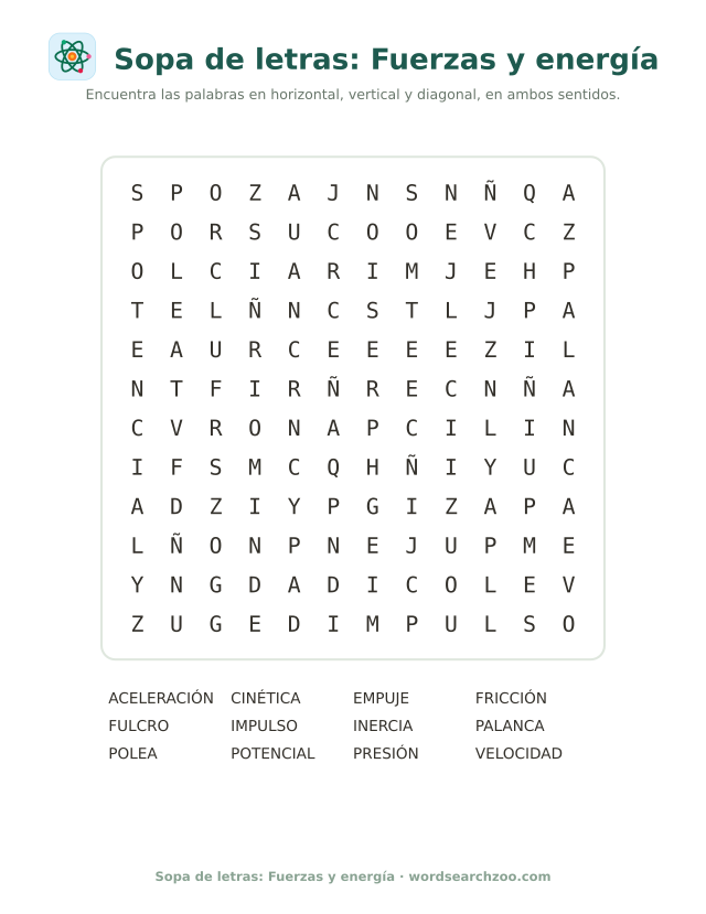 Sopa de letras de fuerzas y energía, tablero de 12x12 con inercia, palanca y fulcro