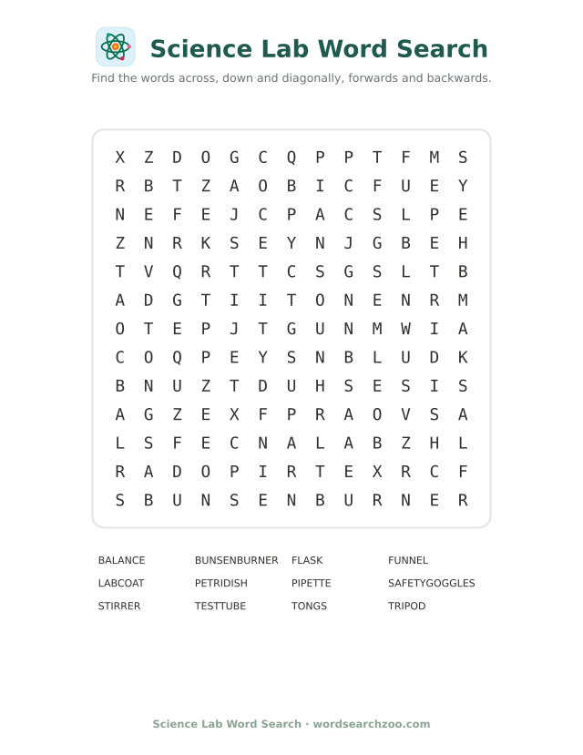 Science lab word search to print, a 13x13 grid with Bunsen burner, pipette and petri dish