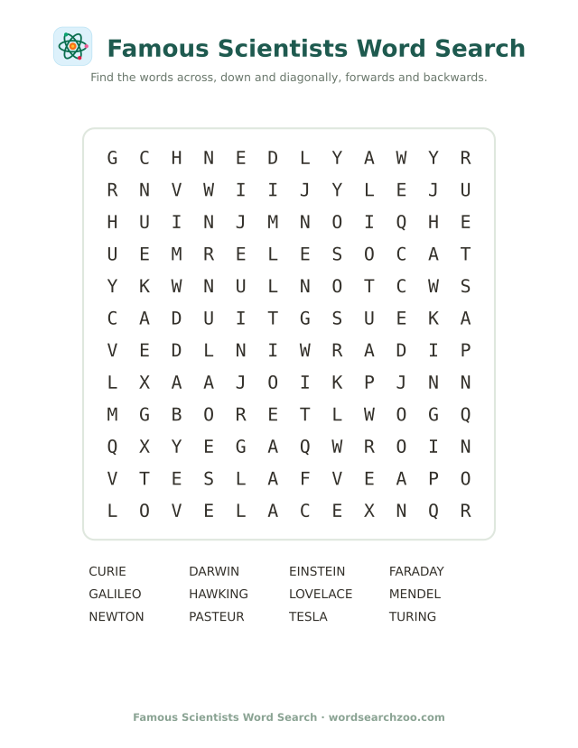 Famous scientists word search to print, a 12x12 grid with Einstein, Curie, Faraday and Lovelace