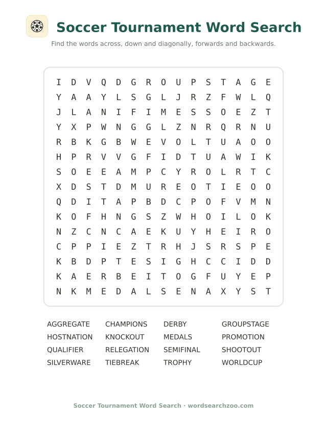 Hard soccer tournament word search, a 15x15 grid with worldcup, semifinal and shootout