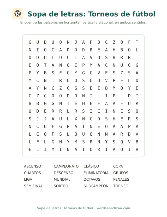 Sopa de letras difícil de torneos de fútbol, tablero de 15x15 con mundial y semifinal