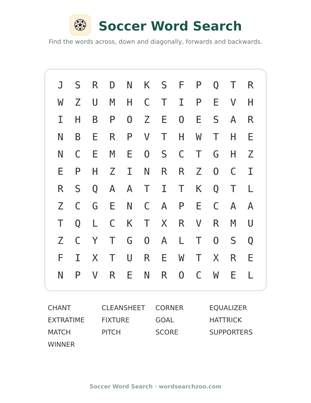 Printable soccer word search, a 12x12 grid with thirteen match day words