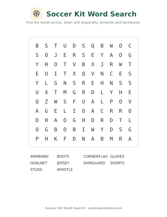 Soccer kit word search to print, an 11x11 grid with jersey, boots, gloves and shinguard