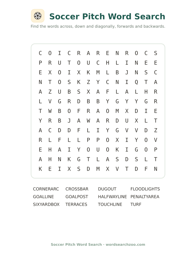 Soccer pitch word search to print, a 13x13 grid with goalline, crossbar and halfwayline