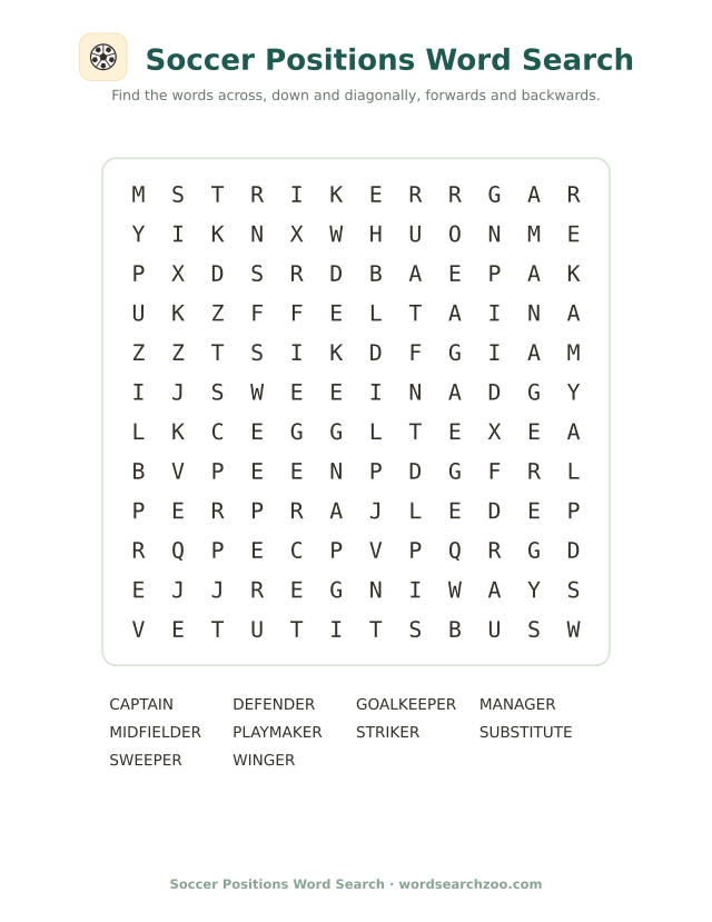 Soccer positions word search to print, a 12x12 grid with goalkeeper, midfielder and striker