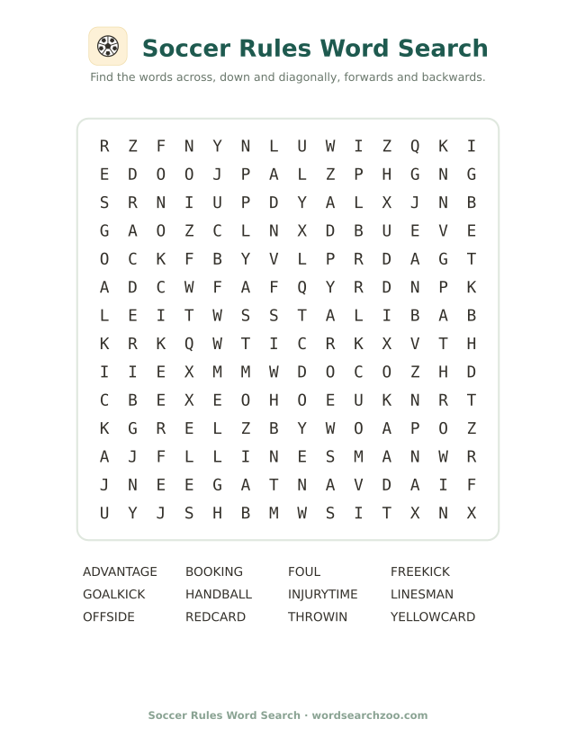 Soccer rules word search to print, a 14x14 grid with offside, handball and yellowcard