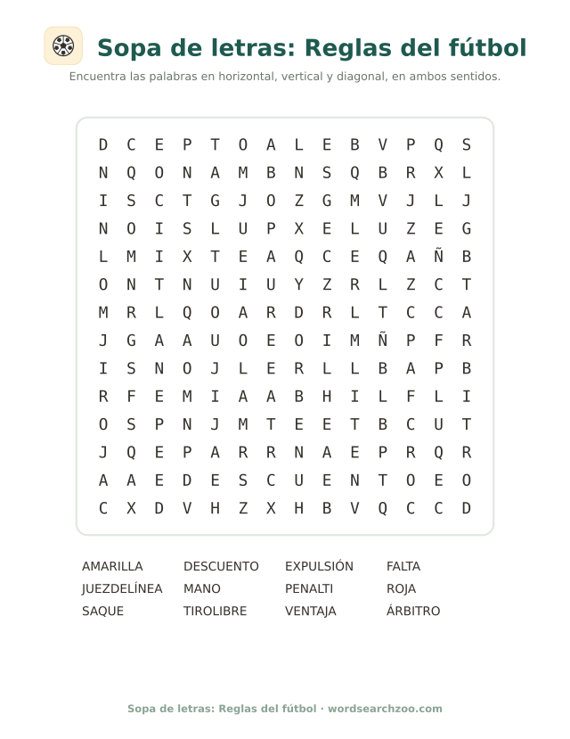 Sopa de letras de las reglas del fútbol, tablero de 14x14 con falta, mano y amarilla