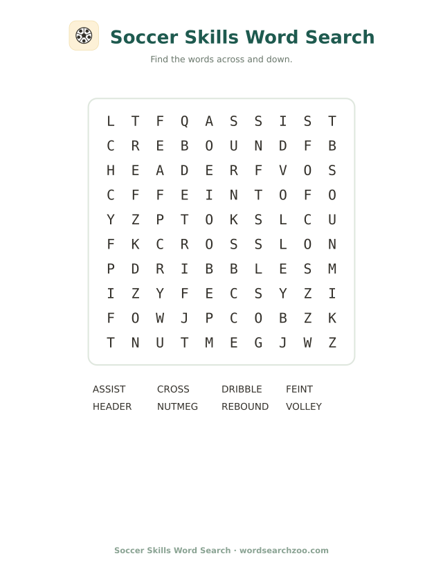 Easy soccer skills word search for kids, a 10x10 grid with dribble, header and volley
