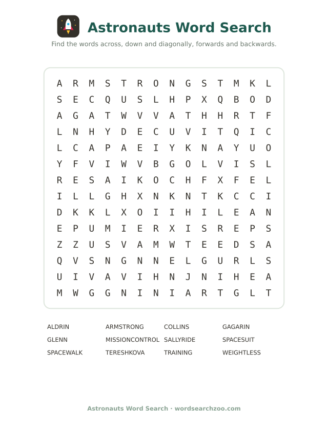 Astronauts word search to print, a 14x14 grid with Gagarin, Tereshkova and mission control