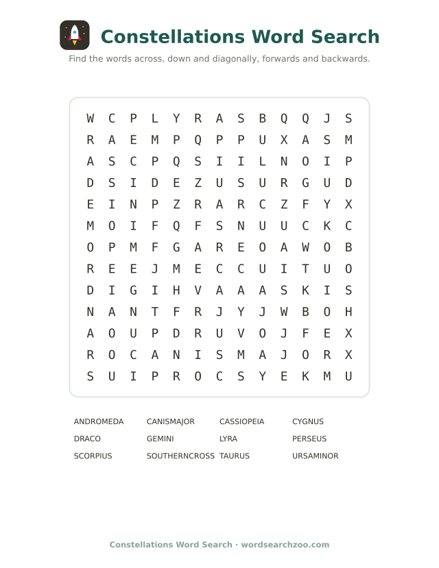 Constellations word search to print, a 13x13 grid with Cassiopeia, Cygnus and the Southern Cross