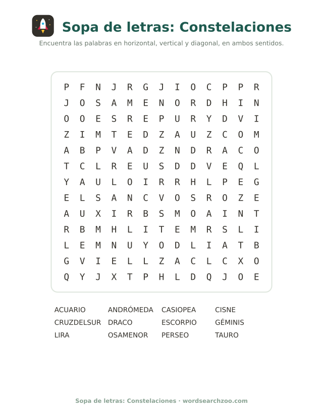 Sopa de letras de constelaciones, tablero de 13x13 con Casiopea, Andrómeda y Cruz del Sur