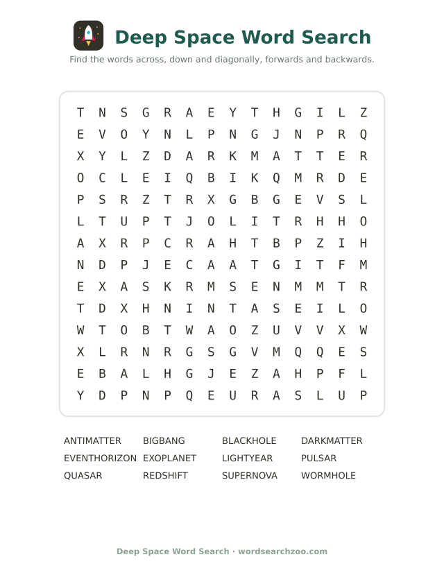 Deep space word search to print, a 14x14 grid with black hole, quasar and event horizon