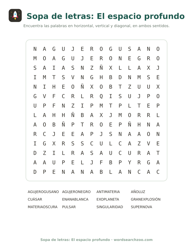 Sopa de letras del espacio profundo, tablero de 14x14 con agujero negro y materia oscura