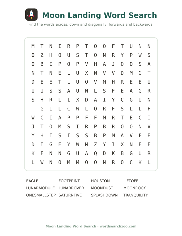 Moon landing word search to print, a 14x14 grid with Tranquility, lunar module and splashdown