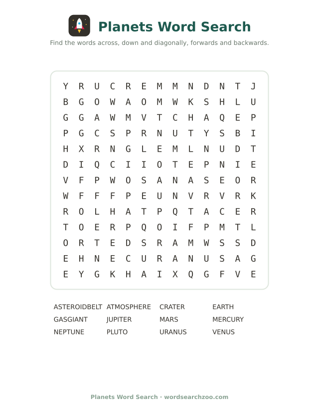 Planets word search to print, a 13x13 grid with Mercury, Jupiter, Neptune and asteroid belt