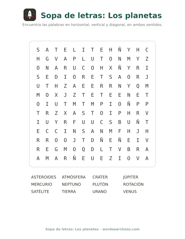 Sopa de letras de los planetas, tablero de 13x13 con Mercurio, Júpiter y asteroides