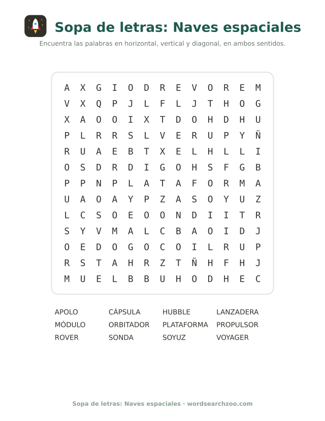 Sopa de letras de naves espaciales, tablero de 13x13 con lanzadera, sonda y cápsula