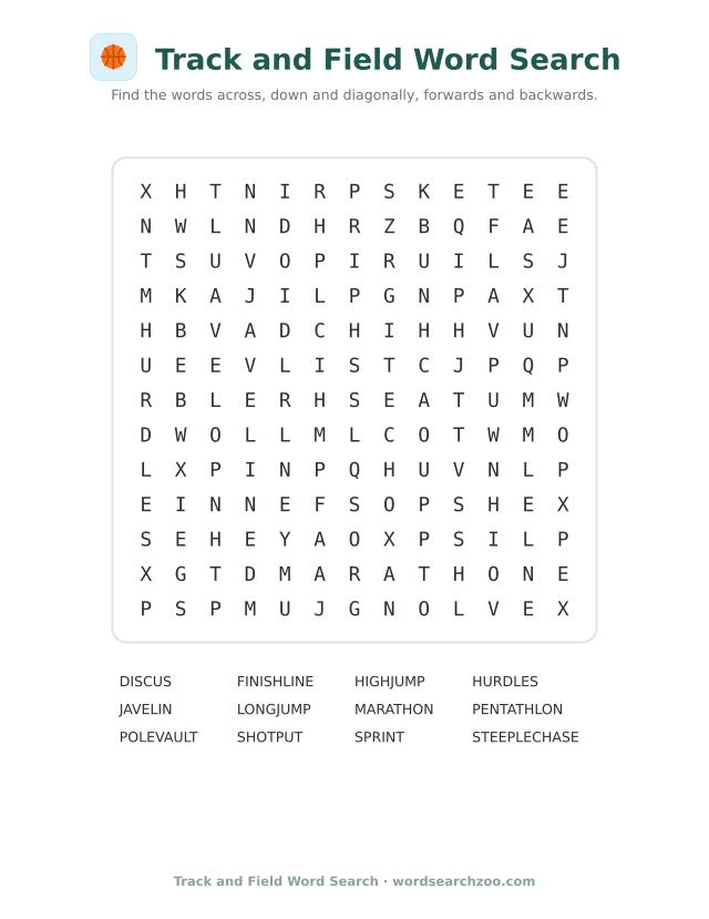 Track and field word search to print, a 13x13 grid with steeplechase, javelin and pole vault