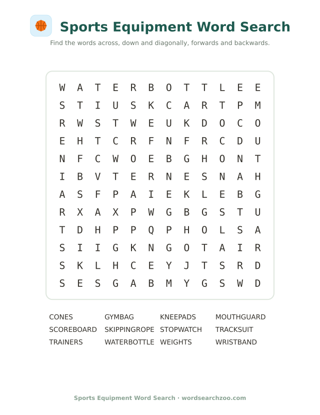 Sports equipment word search to print, a 12x12 grid with mouthguard, stopwatch and skipping rope