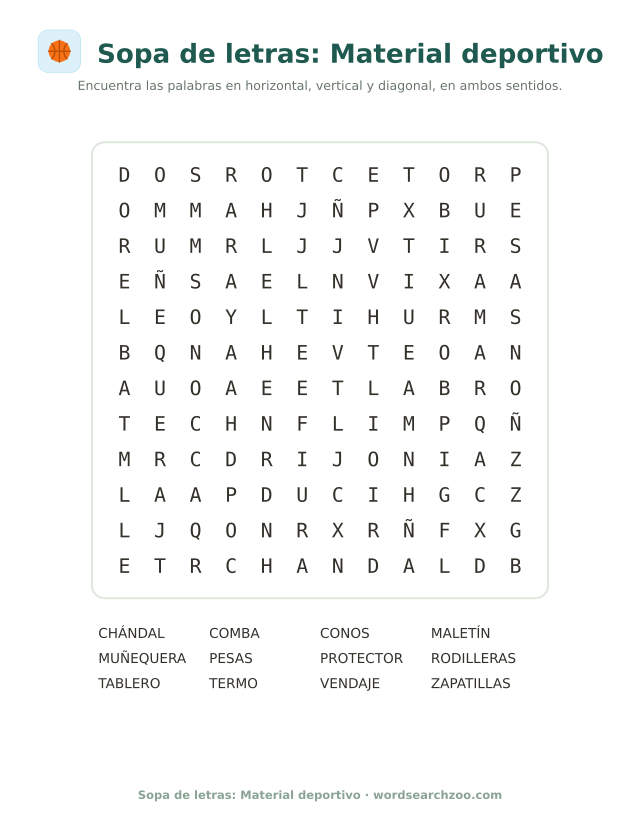 Sopa de letras de material deportivo, tablero de 12x12 con rodilleras, chándal y muñequera