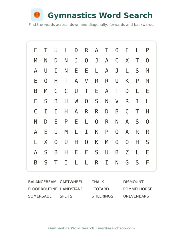 Gymnastics word search to print, a 12x12 grid with balance beam, pommel horse and cartwheel