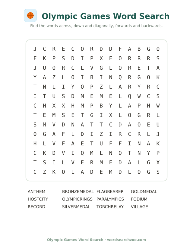 Olympic Games word search to print, a 14x14 grid with torch relay, Olympic rings and Paralympics