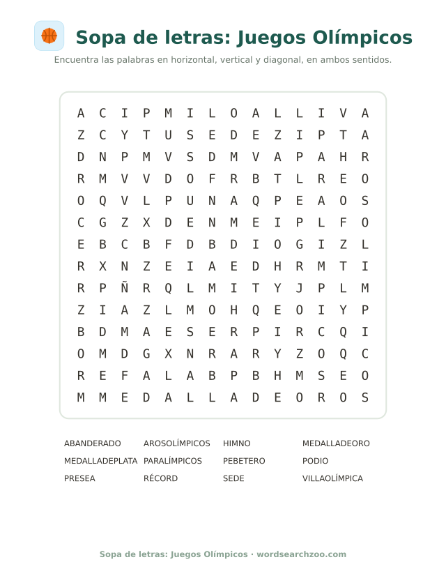 Sopa de letras de los Juegos Olímpicos, tablero de 14x14 con pebetero y aros olímpicos