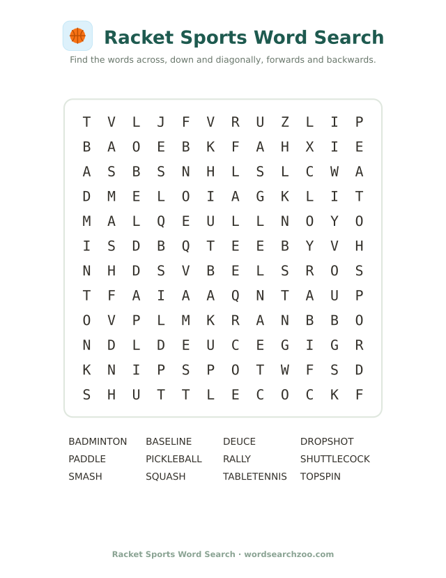Racket sports word search to print, a 12x12 grid with badminton, shuttlecock and pickleball