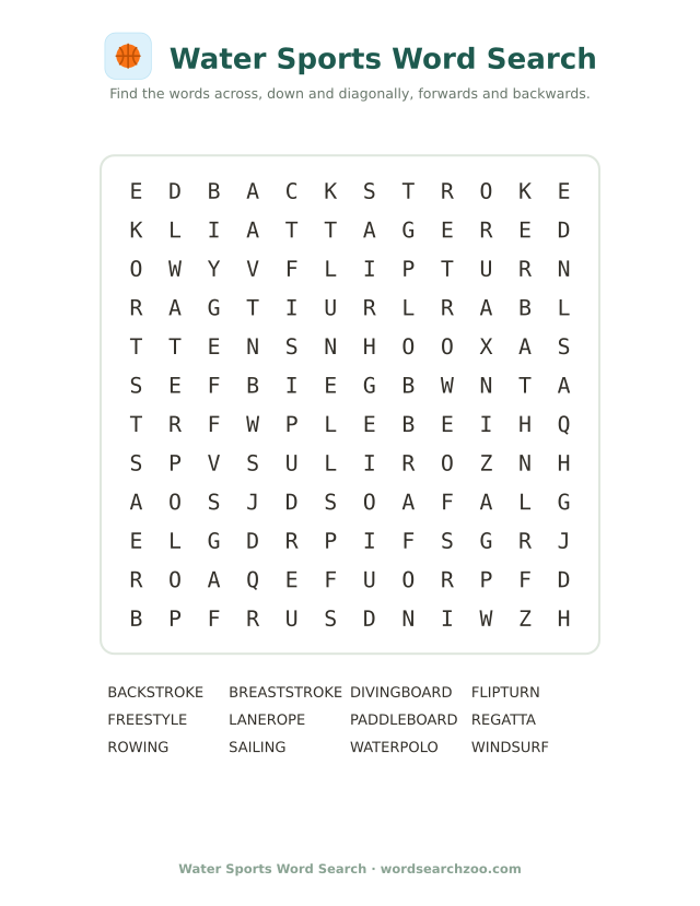 Water sports word search to print, a 12x12 grid with breaststroke, regatta and paddleboard