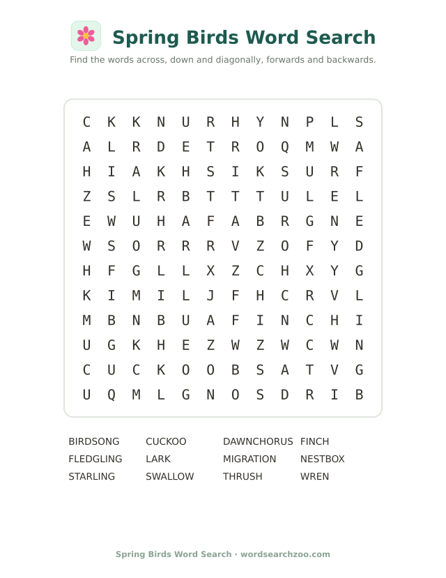 Spring birds word search to print, a 12x12 grid with swallow, cuckoo, thrush and dawn chorus
