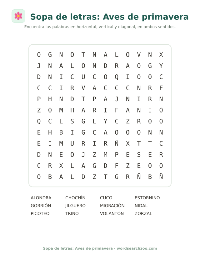 Sopa de letras de aves de primavera, tablero de 12x12 con alondra, jilguero y estornino