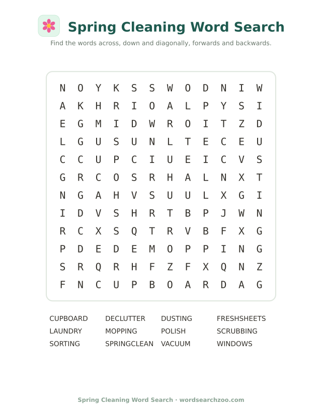 Spring cleaning word search to print, a 12x12 grid with declutter, scrubbing and fresh sheets