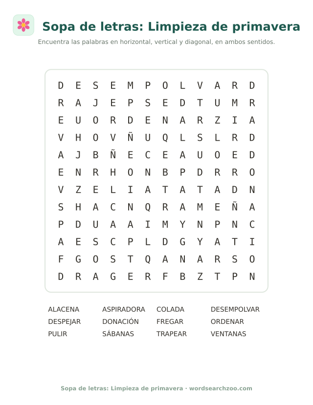 Sopa de letras de limpieza de primavera, tablero de 12x12 con desempolvar, aspiradora y alacena